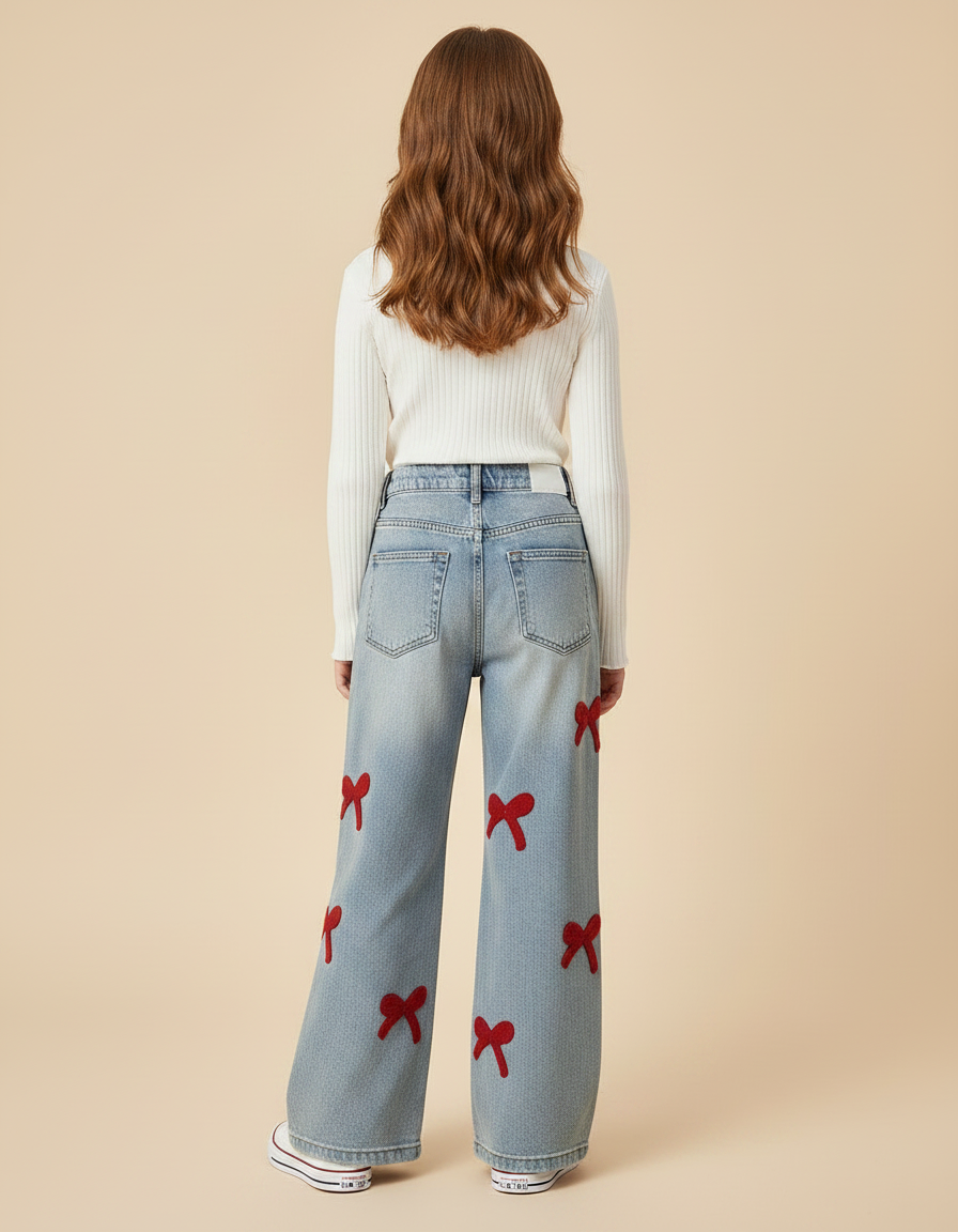 Pantalon Patte D'Éléphant Denim Large Nœuds Rouges Fille - Bleu Jean - vue 2
