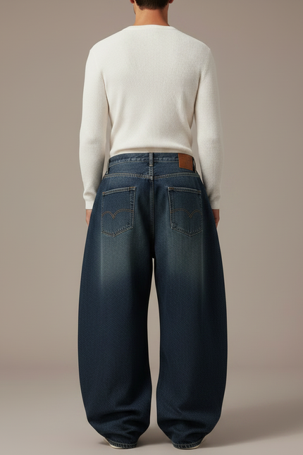 Pantalon Patte D'Éléphant Jean Ample Délavé Brodé Vintage Homme - Bleu - vue 2