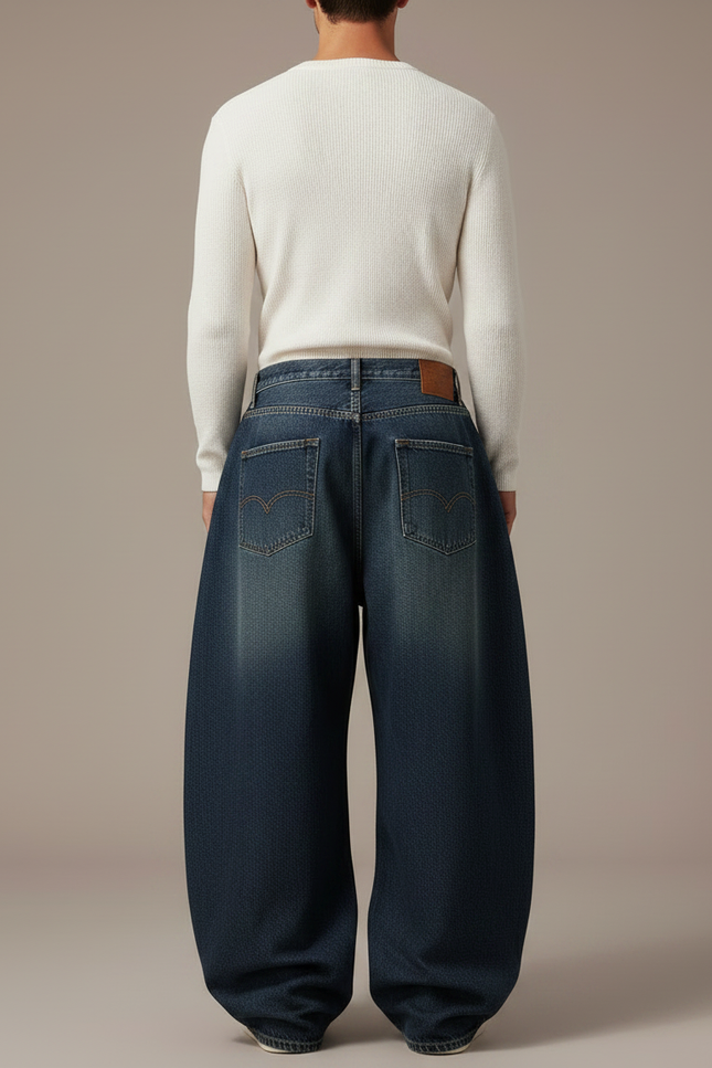Pantalon Patte D'Éléphant Jean Ample Délavé Brodé Vintage Homme - Bleu - vue 2