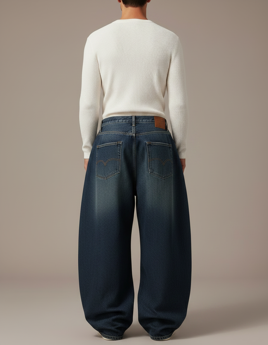 Pantalon Patte D'Éléphant Jean Ample Délavé Brodé Vintage Homme - Bleu - vue 2