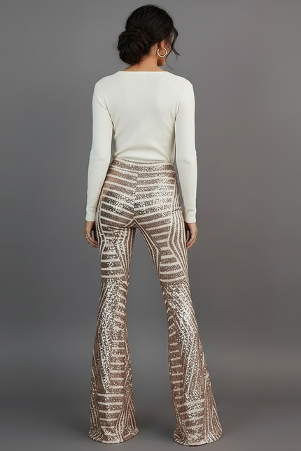 Pantalon Patte D'Éléphant Paillettes Dorées Géométrique Taille Haute - Polyester - vue 2
