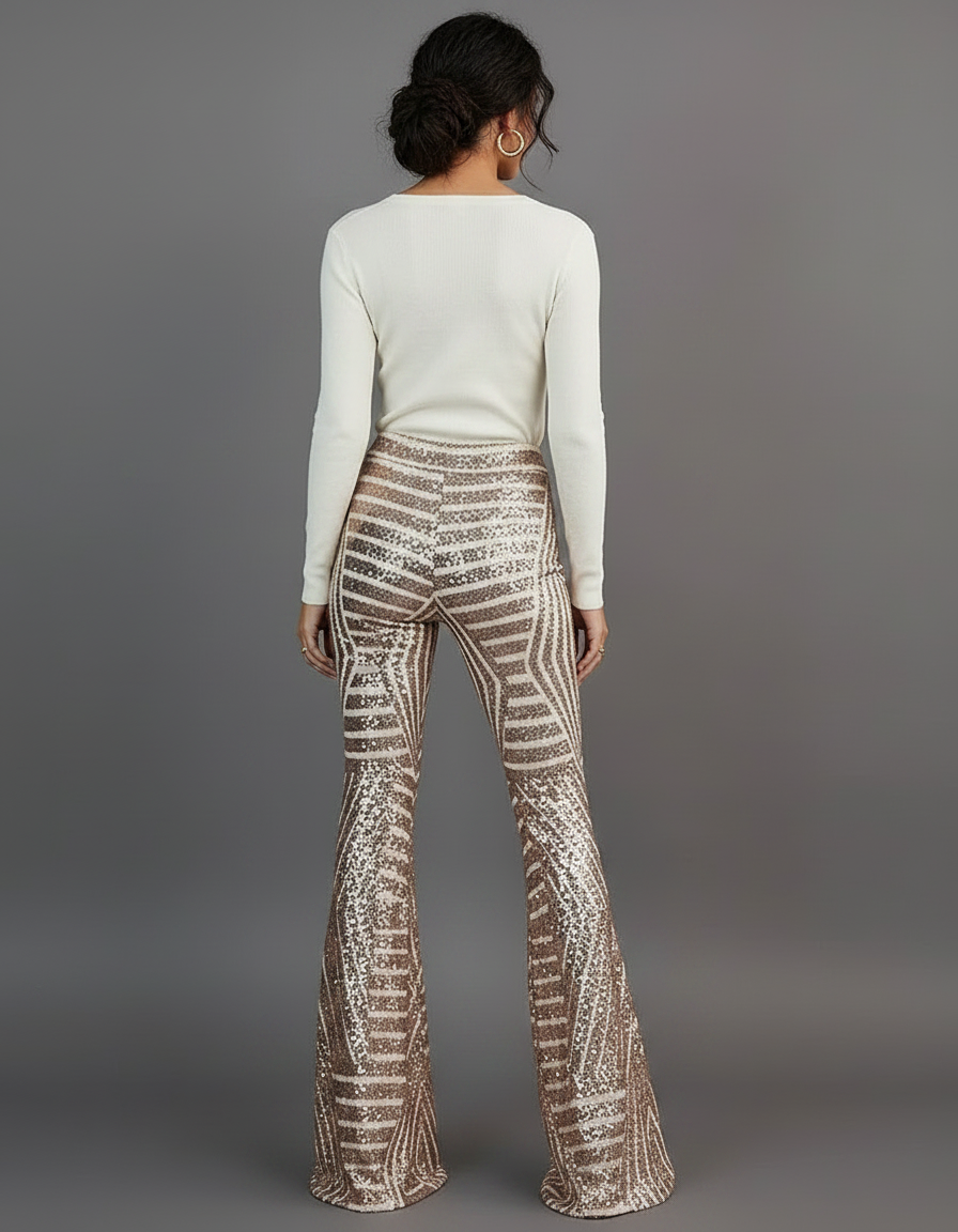 Pantalon Patte D'Éléphant Paillettes Dorées Géométrique Taille Haute - Polyester - vue 2