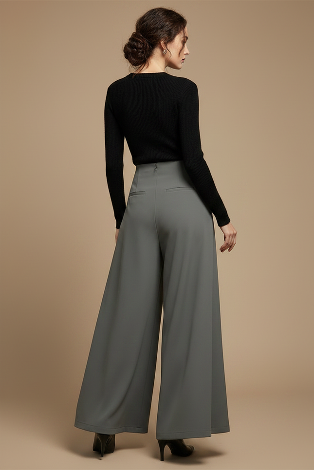 Pantalon Femme Taille Haute Patte D Éléphant - Gris Polyester - vue 2