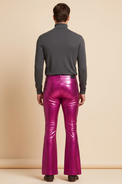 Pantalon Patte D'Éléphant Métallique Fuchsia Brillant Évasé Homme - Rose Simili cuir - vue 2