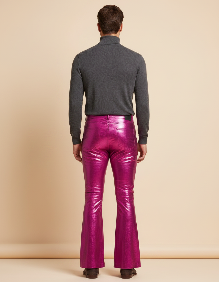 Pantalon Patte D'Éléphant Métallique Fuchsia Brillant Évasé Homme - Rose Simili cuir - vue 2