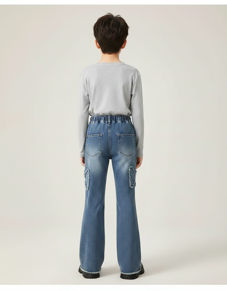 Pantalon Patte D'Éléphant Évasé Bleu Papillons Déchirés Enfant - Jean - vue 2