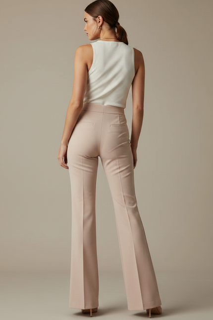 Pantalon Patte D'Éléphant Beige Taille Haute Fluide Élégant - Polyester - vue 2