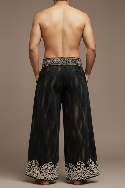 Pantalon Patte D'Éléphant Noir Dragon Brodé Ample Vintage - Jean - vue 2