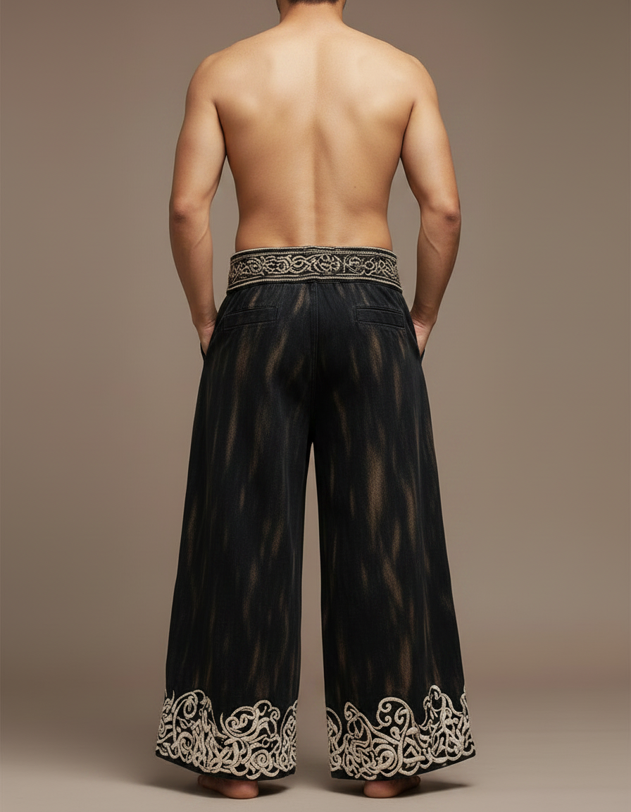 Pantalon Patte D'Éléphant Noir Dragon Brodé Ample Vintage - Jean - vue 2