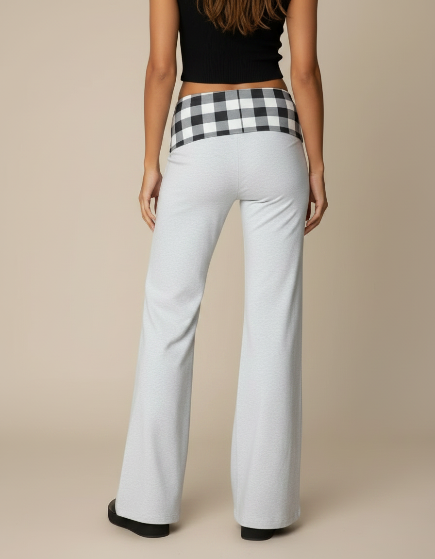 Pantalon Patte D'Éléphant Gris Plaid Confortable Évasé - Molleton - vue 2