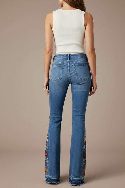 Pantalon Patte D'Éléphant Jean Bleu Brodé Floral Vintage - vue 2