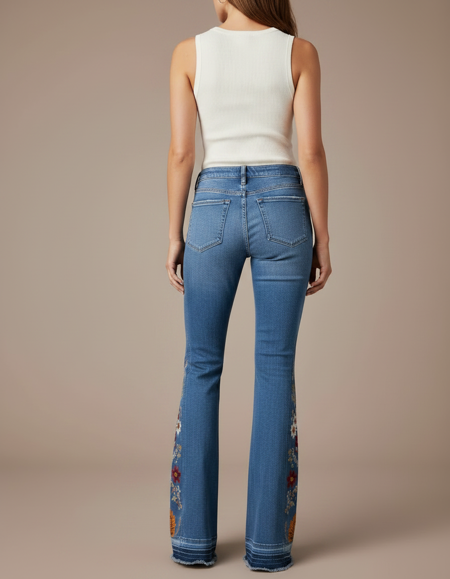 Pantalon Patte D'Éléphant Jean Bleu Brodé Floral Vintage - vue 2