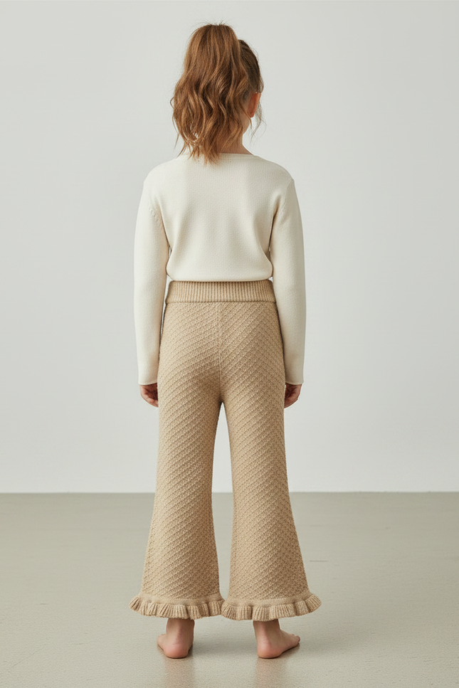 Pantalon Patte D'Éléphant Maille Beige Évasé Enfant Confortable - vue 2