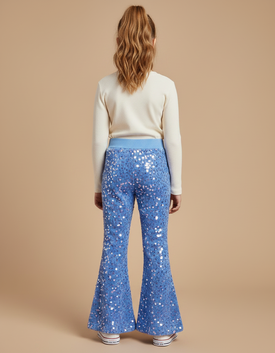 Pantalon Patte D'Éléphant Bleu Pailleté Évasé Confortable Fille - Maille - vue 2