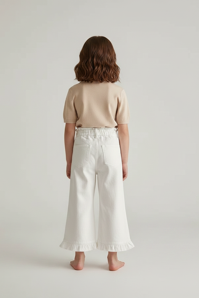 Pantalon Patte D'Éléphant Blanc Volants Ample Boutons Roses - Jean - vue 2