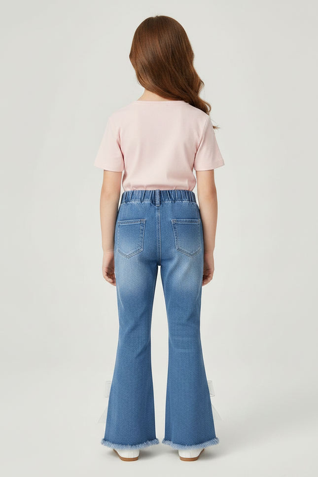 Pantalon Patte D'Éléphant Bleu Denim Évasé Nœuds Décoratifs Perles - Jean - vue 2