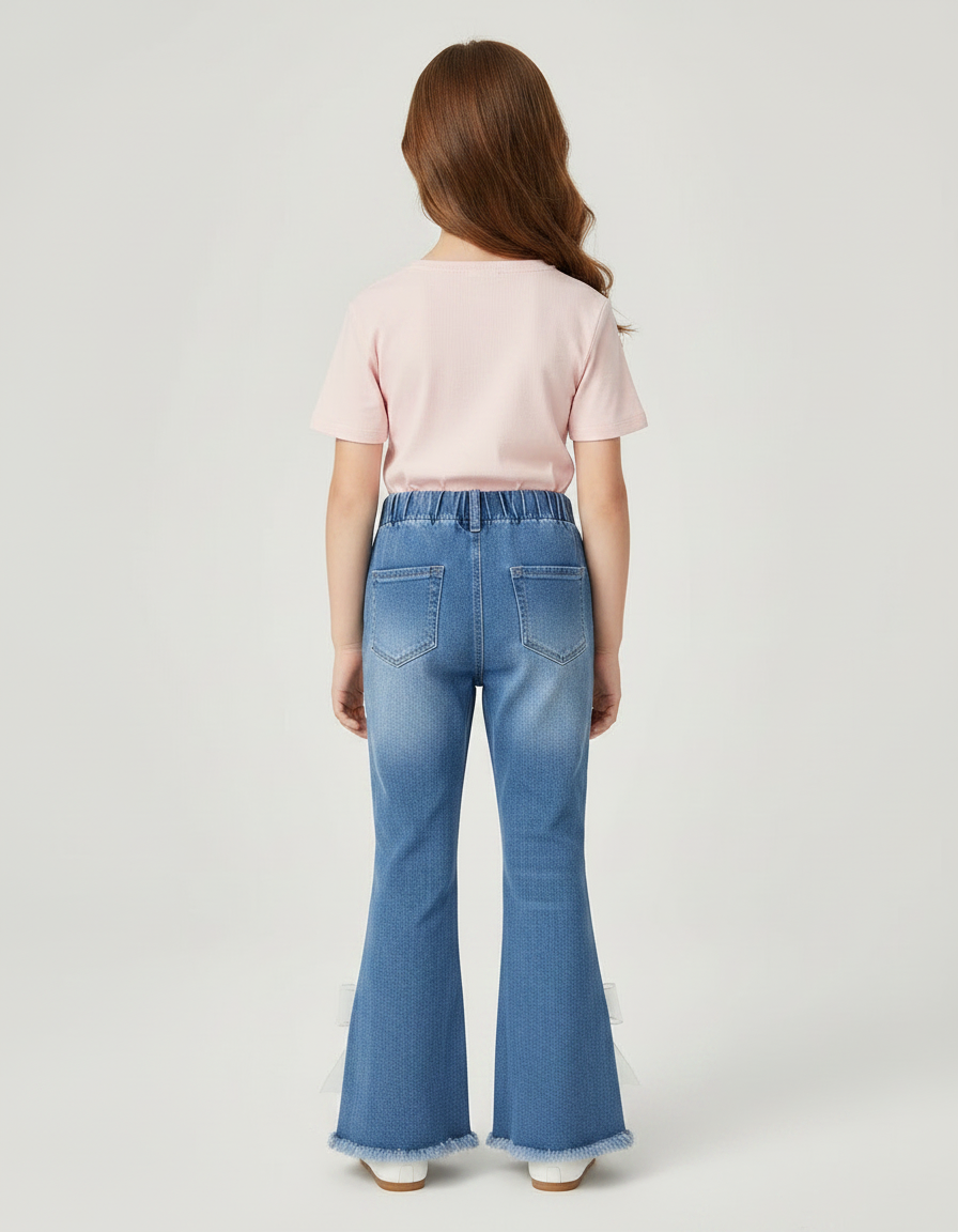 Pantalon Patte D'Éléphant Bleu Denim Évasé Nœuds Décoratifs Perles - Jean - vue 2