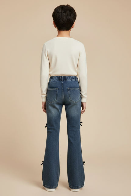 Pantalon Patte D'Éléphant Denim Bleu Nœuds Noirs Enfant - Jean - vue 2
