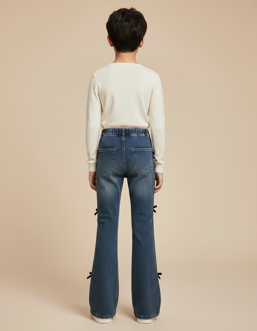 Pantalon Patte D'Éléphant Denim Bleu Nœuds Noirs Enfant - Jean - vue 2
