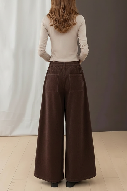 Pantalon Patte D'Éléphant Côtelé Marron Ample Taille Haute Femme - Cordé - vue 2