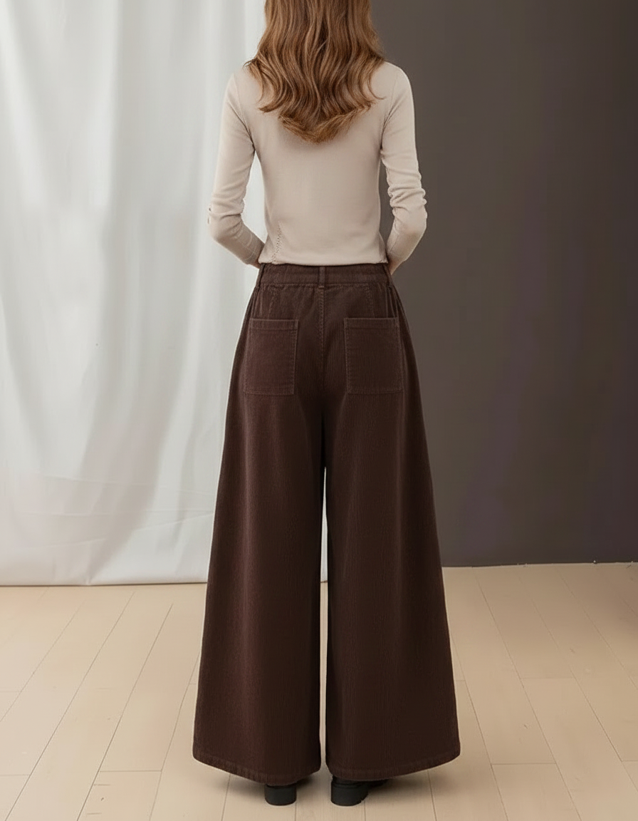 Pantalon Patte D'Éléphant Côtelé Marron Ample Taille Haute Femme - Cordé - vue 2