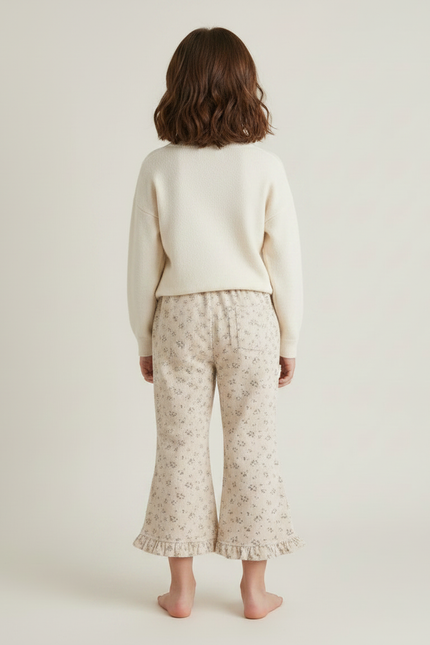 Pantalon Patte D'Éléphant Beige Fleuri Côtelé Volants Enfant - Imprimé Cordé - vue 2
