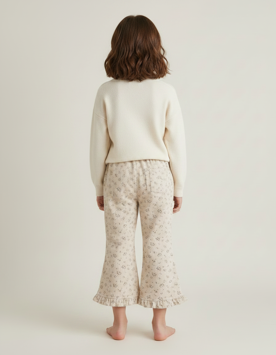 Pantalon Patte D'Éléphant Beige Fleuri Côtelé Volants Enfant - Imprimé Cordé - vue 2