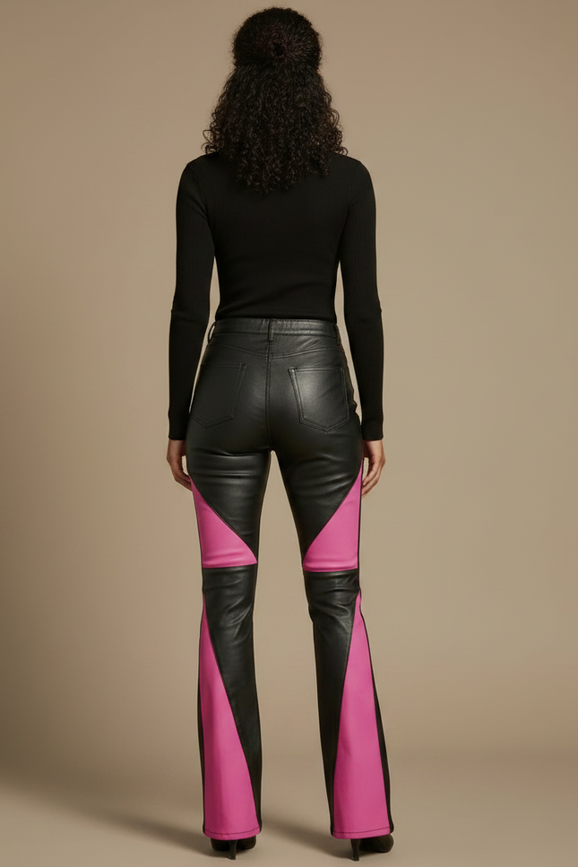 Pantalon Patte D'Éléphant Noir Rose Bicolore Similicuir Évasé Tendance - Multicolore Simili cuir - vue 2