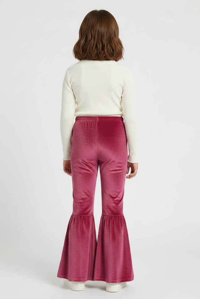 Pantalon Patte D'Éléphant Velours Rose Évasé Fille Doux - vue 2