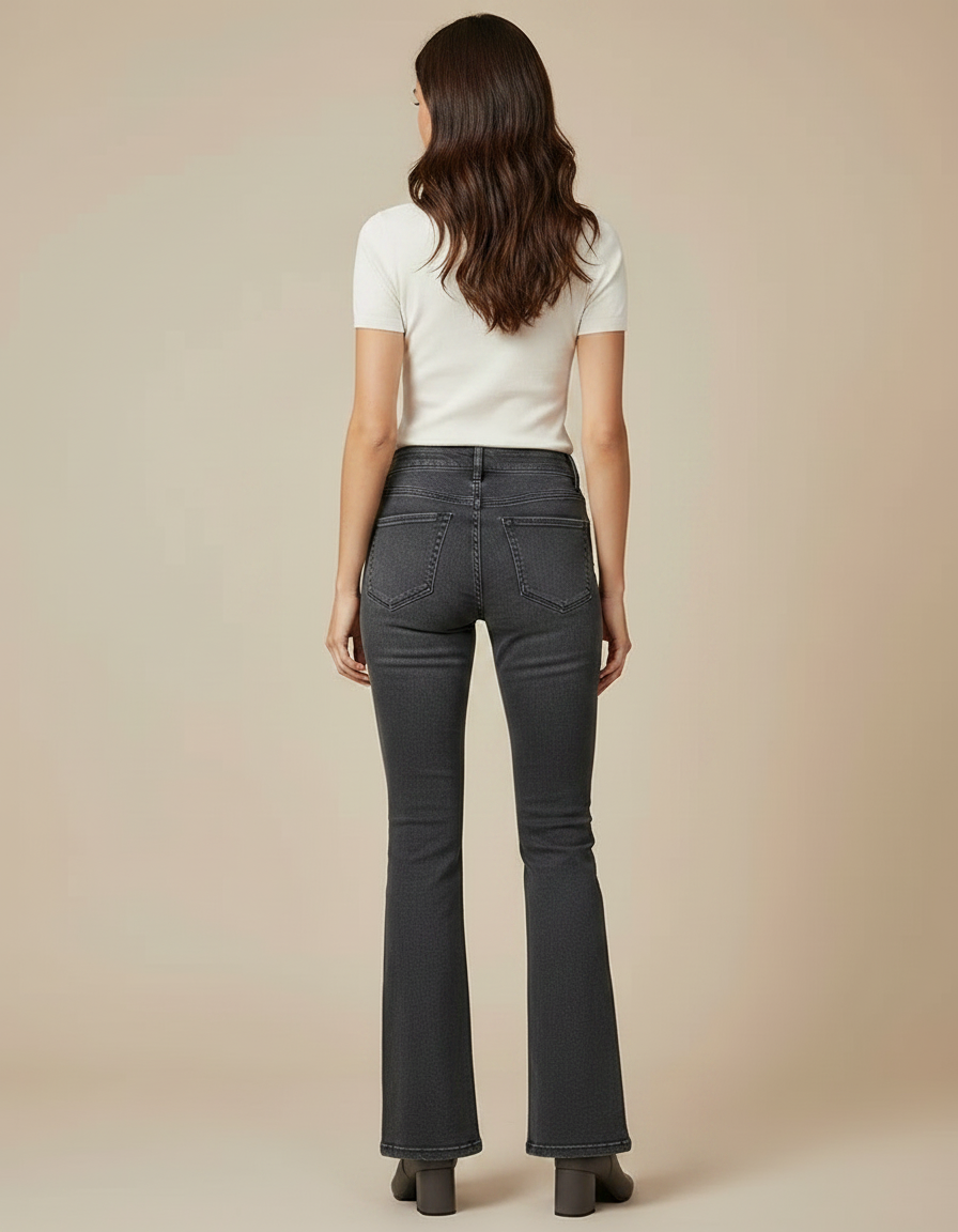 Pantalon Patte D'Éléphant Jean Gris Taille Haute Évasé Femme - vue 2