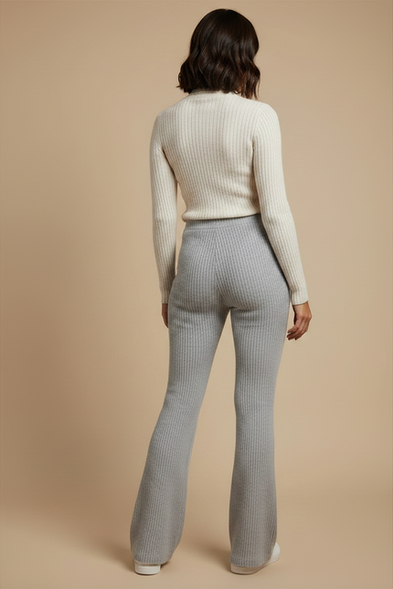 Pantalon Patte D'Éléphant Côtelé Gris Confortable Évasé Femme - Maille - vue 2