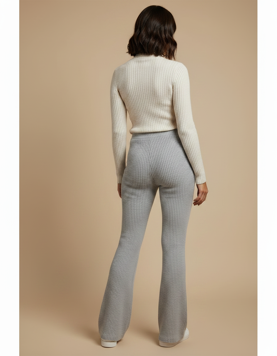 Pantalon Patte D'Éléphant Côtelé Gris Confortable Évasé Femme - Maille - vue 2