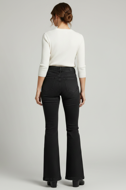 Pantalon Patte D'Éléphant Noir Évasé Taille Haute Ceinturé - Jean - vue 2