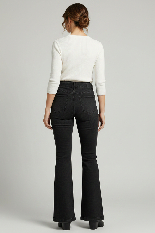 Pantalon Patte D'Éléphant Noir Évasé Taille Haute Ceinturé - Jean - vue 2
