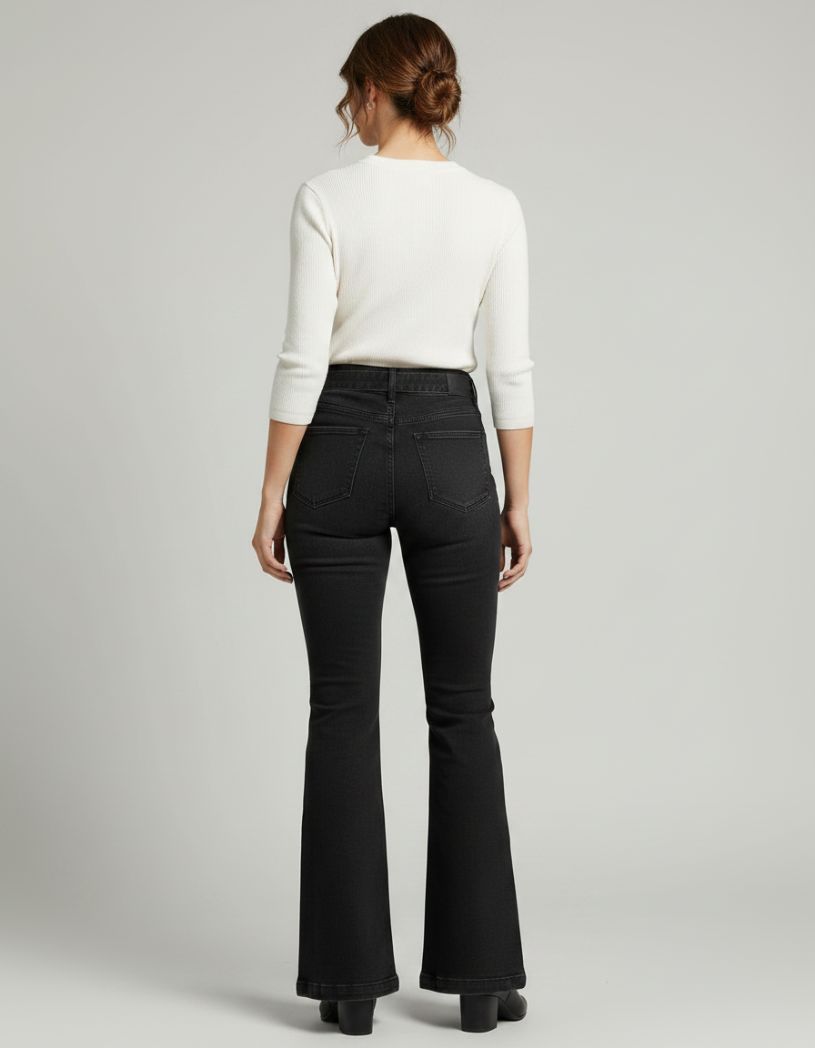 Pantalon Patte D'Éléphant Noir Évasé Taille Haute Ceinturé - Jean - vue 2