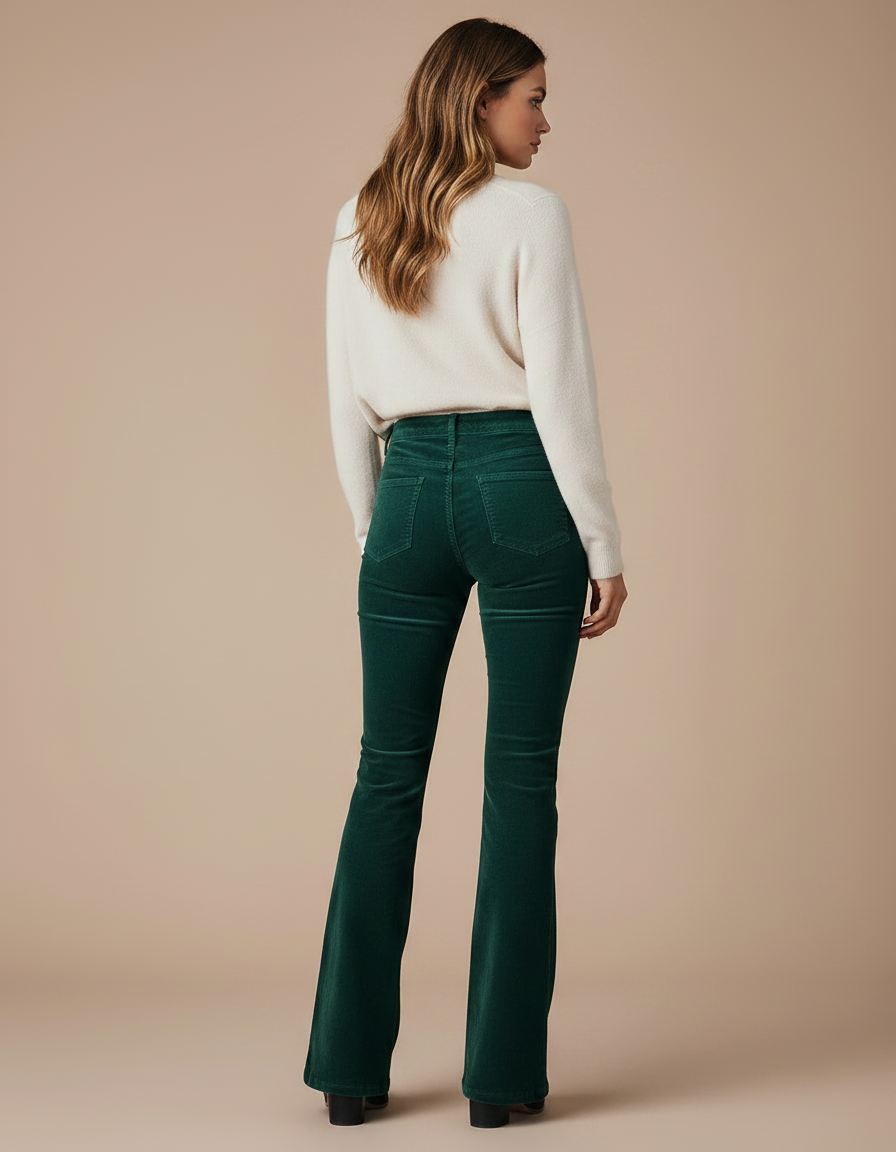Pantalon Patte D'Éléphant Vert Côtelé Taille Haute Élégant Femme - Cordé - vue 2
