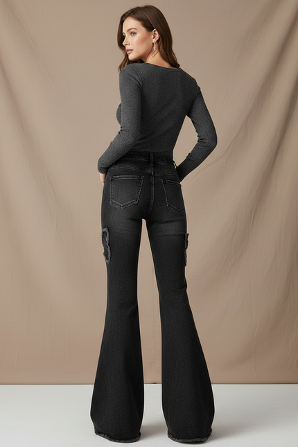Pantalon Patte D'Éléphant Gris Délavé Papillon Évasé Taille Haute - Jean - vue 2