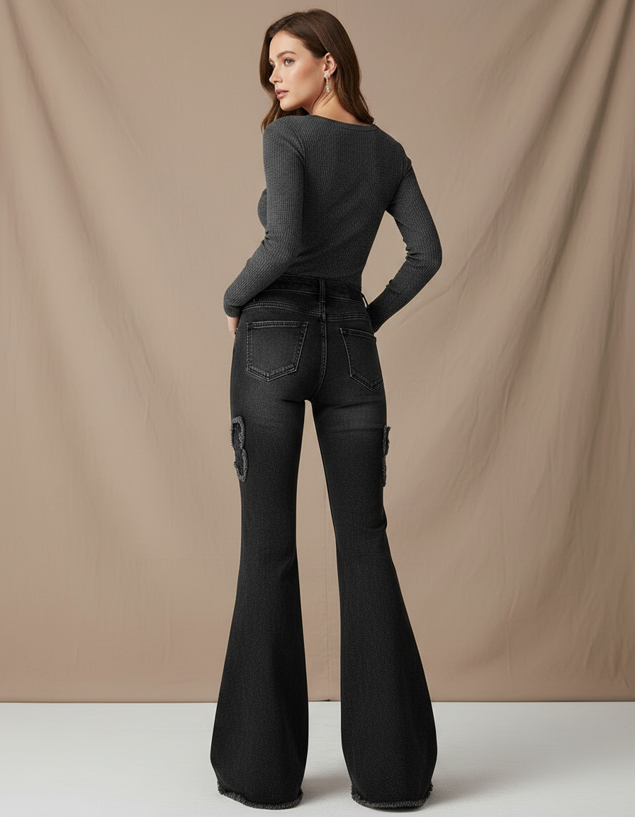 Pantalon Patte D'Éléphant Gris Délavé Papillon Évasé Taille Haute - Jean - vue 2
