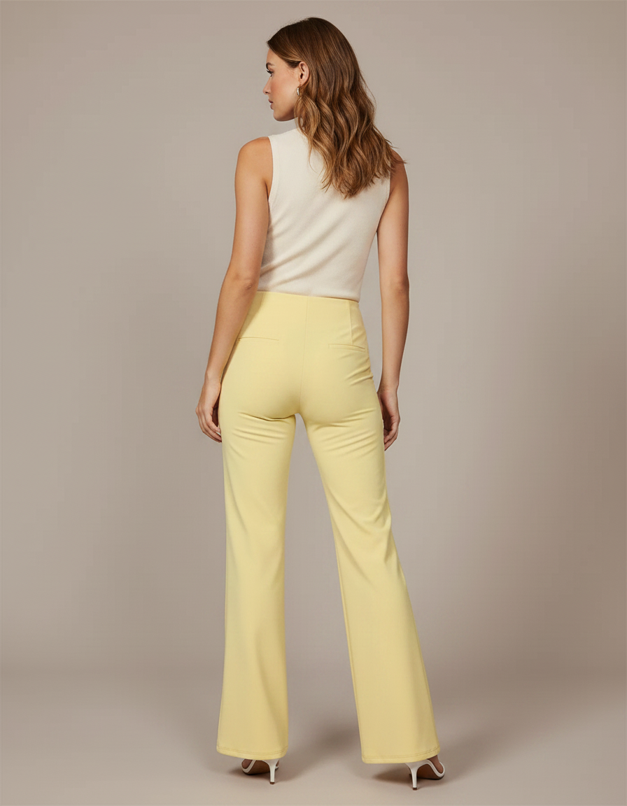 Pantalon Patte D'Éléphant Jaune Clair Fluide Taille Haute Élégant - Polyester - vue 2