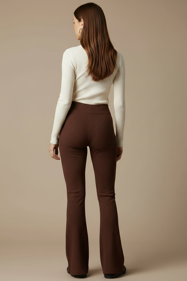 Pantalon Patte D'Éléphant Marron Côtelé Ajusté Taille Haute - Maille - vue 2
