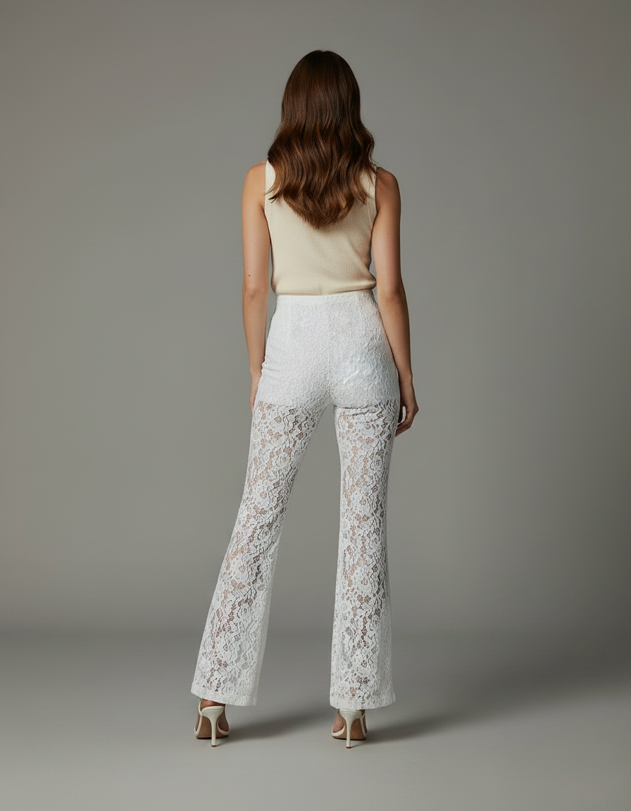 Pantalon Patte D'Éléphant Blanc Dentelle Transparente Évasé - Maille - vue 2