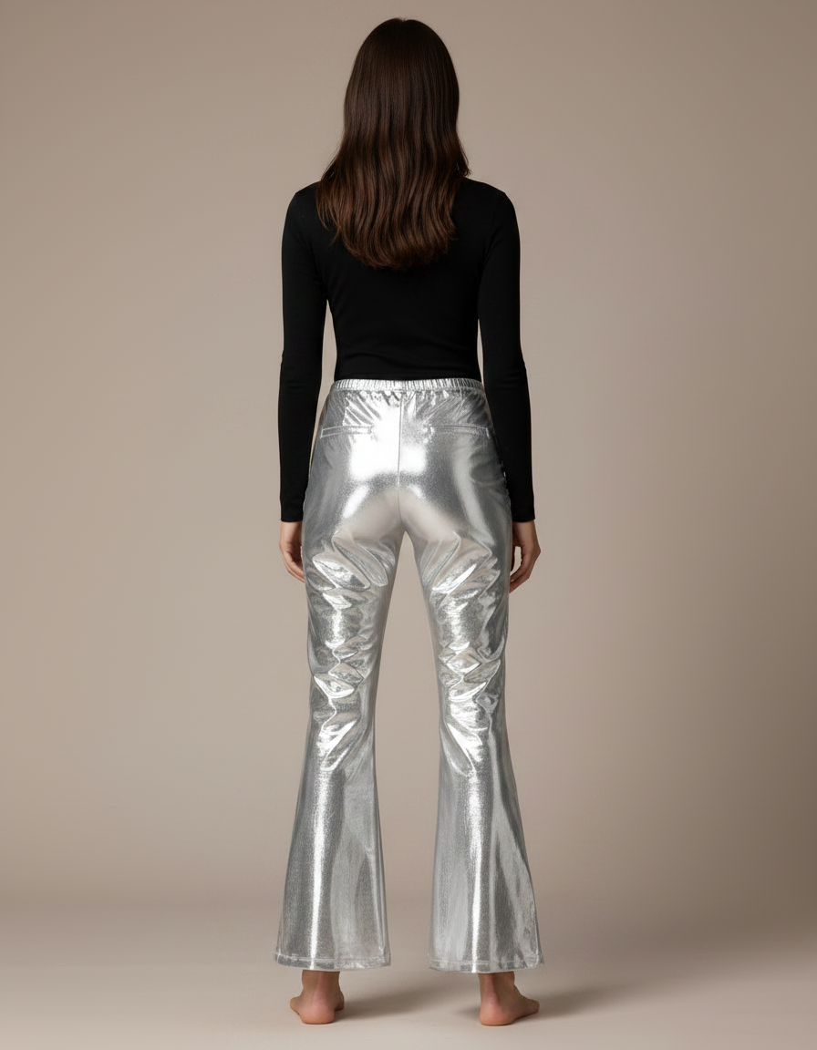 Pantalon Patte D'Éléphant Argenté Brillant Métallisé Évasé Disco - Polyester - vue 2