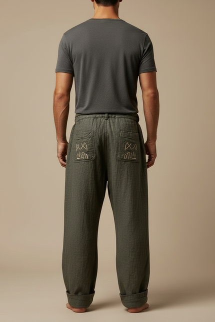 Pantalon Patte D'Éléphant Kaki Lin Brodé Ethnique Ample - vue 2