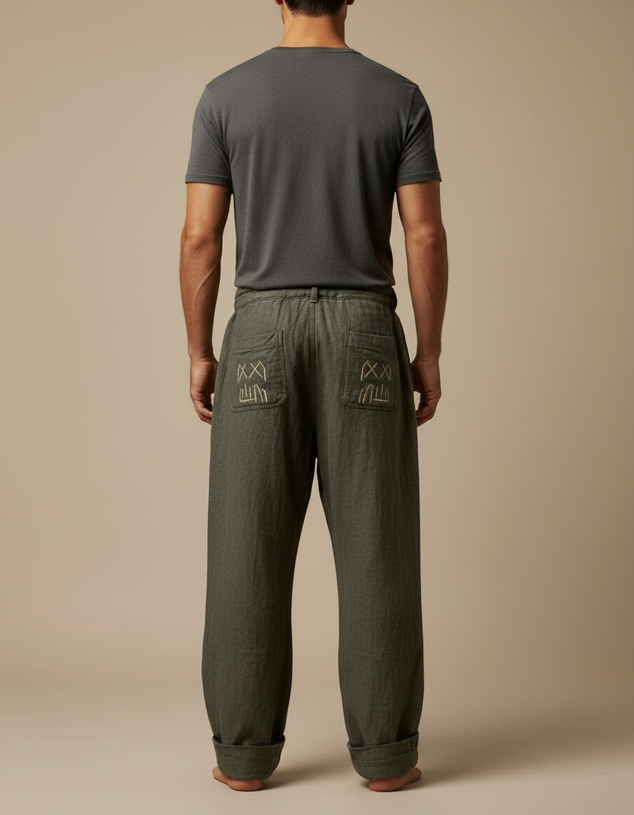 Pantalon Patte D'Éléphant Kaki Lin Brodé Ethnique Ample - vue 2
