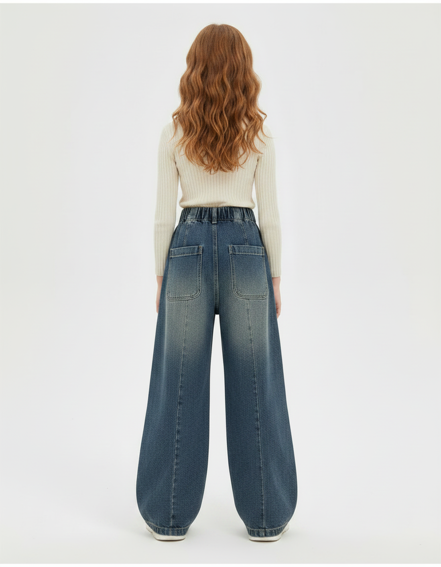 Pantalon Patte D'Éléphant Cargo Denim Large Enfant - Bleu Jean - vue 2