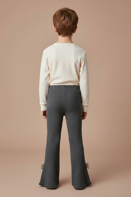 Pantalon Patte D'Éléphant Gris Côtelé Évasé Nœuds Enfant - Maille - vue 2