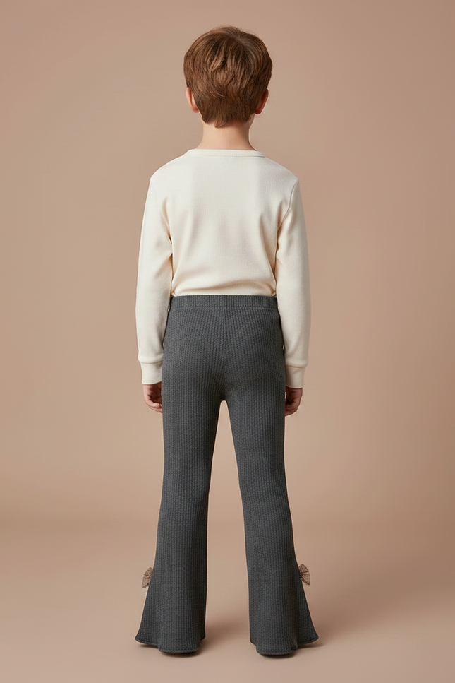 Pantalon Patte D'Éléphant Gris Côtelé Évasé Nœuds Enfant - Maille - vue 2