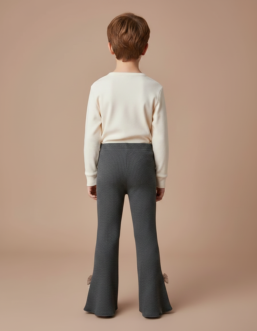 Pantalon Patte D'Éléphant Gris Côtelé Évasé Nœuds Enfant - Maille - vue 2