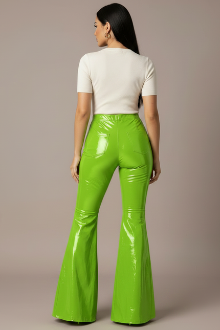 Pantalon Patte D'Éléphant Vert Brillant PVC Taille Haute Évasé - Simili cuir - vue 2