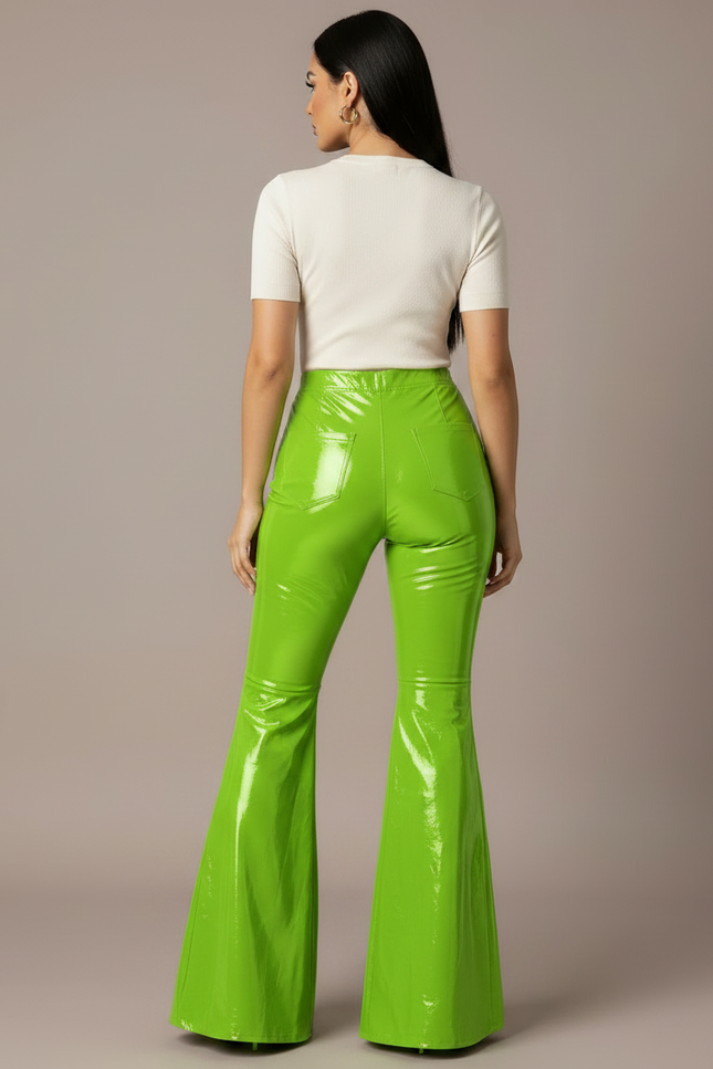 Pantalon Patte D'Éléphant Vert Brillant PVC Taille Haute Évasé - Simili cuir - vue 2